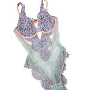 Dora Larsen M Olivia Purple & Blue Lace Bodysuit Lingerie